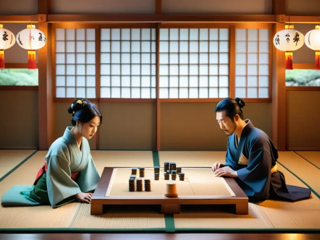 Partida de Shogi en tatami: jugadores concentrados, espectadores admirando