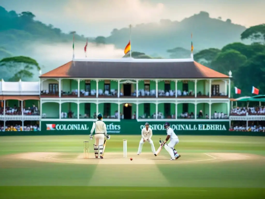 Partido de cricket en ambiente colonial, jugadores en uniformes blancos, multitud diversa observando