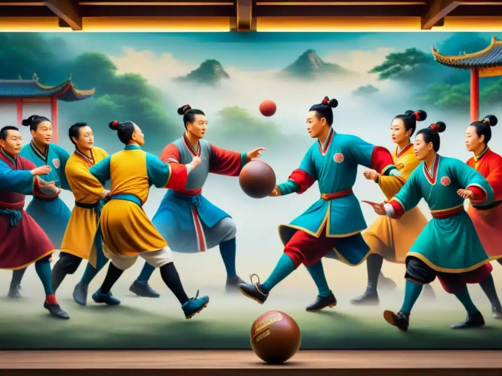 Partido de Fútbol antiguo en China Tsu Chu: jugadores en trajes tradicionales patean una pelota mientras la multitud observa con atención