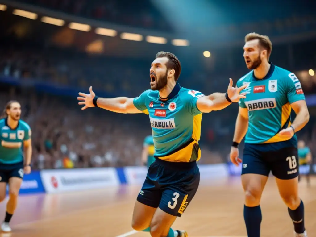 Partido histórico de balonmano en Europa, jugadores apasionados en uniformes vintage, multitud animada en estadio antiguo