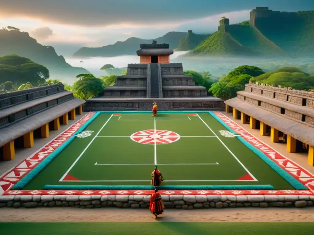 Partido de pelota maya con colores vibrantes y patrones intricados, jugadores en acción y espectadores atentos