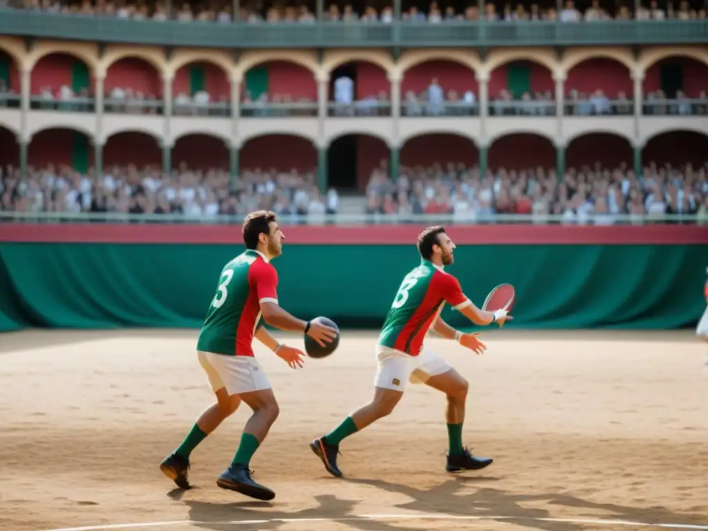 Partido de pelota vasca en un vibrante frontón, capturando la esencia de la tradición y el origen de este deporte ancestral