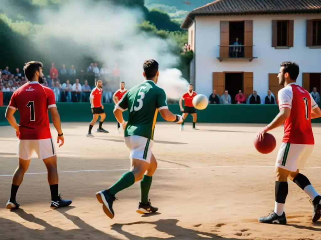 Partido vibrante de pelota vasca en un pueblo rural vasco, con jugadores y espectadores animados bajo el sol