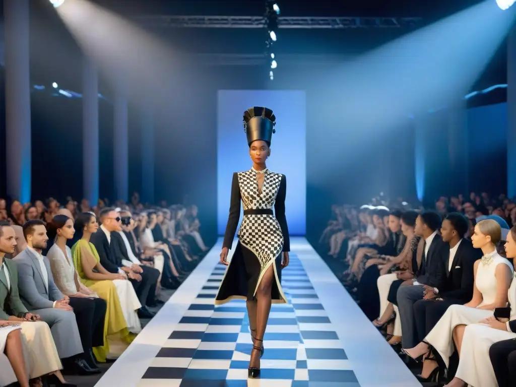 Desfile de Moda: Reina de Ajedrez en Pasarela Una pasarela de moda inspirada en el ajedrez, con diseños vanguardistas