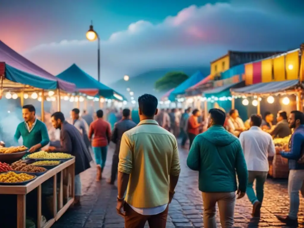 Pasatiempos nocturnos en América Latina: vibrante mercado nocturno con baile, música y comida callejera bajo luces coloridas