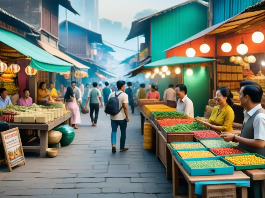 Pasatiempos en el sudeste asiático: Mercado callejero bullicioso con juegos tradicionales y ambiente animado