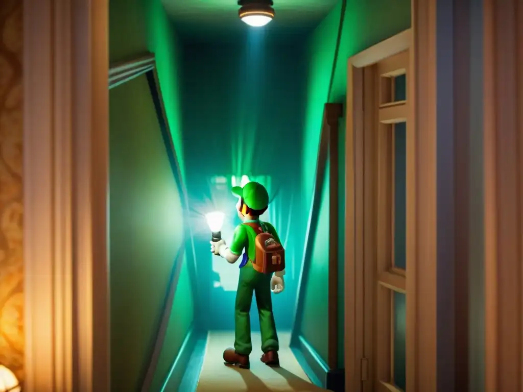 Luigi explora un pasillo tenuemente iluminado en Luigi's Mansion 3