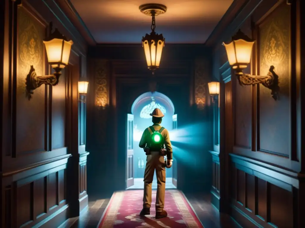 Luigi explorando un pasillo oscuro en Luigi's Mansion 3 con su Poltergust G00 y linterna