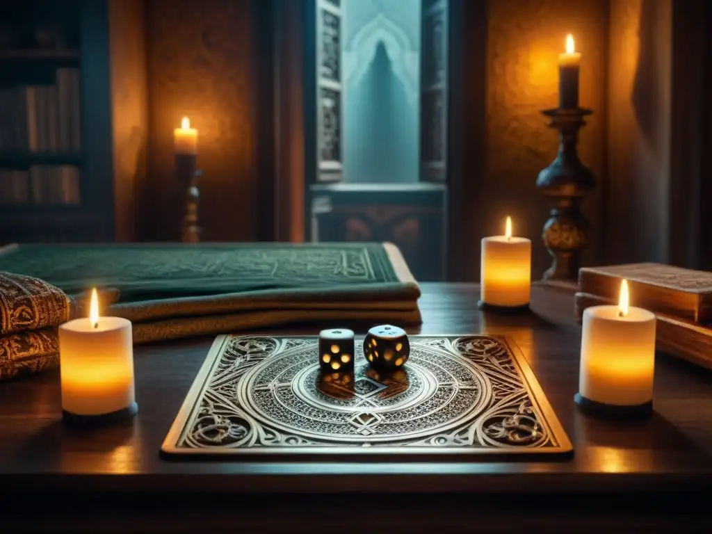 En la penumbra, figura encapuchada toca tablero de juegos con símbolos misteriosos: dados antiguos, tarot, Ouija y velas