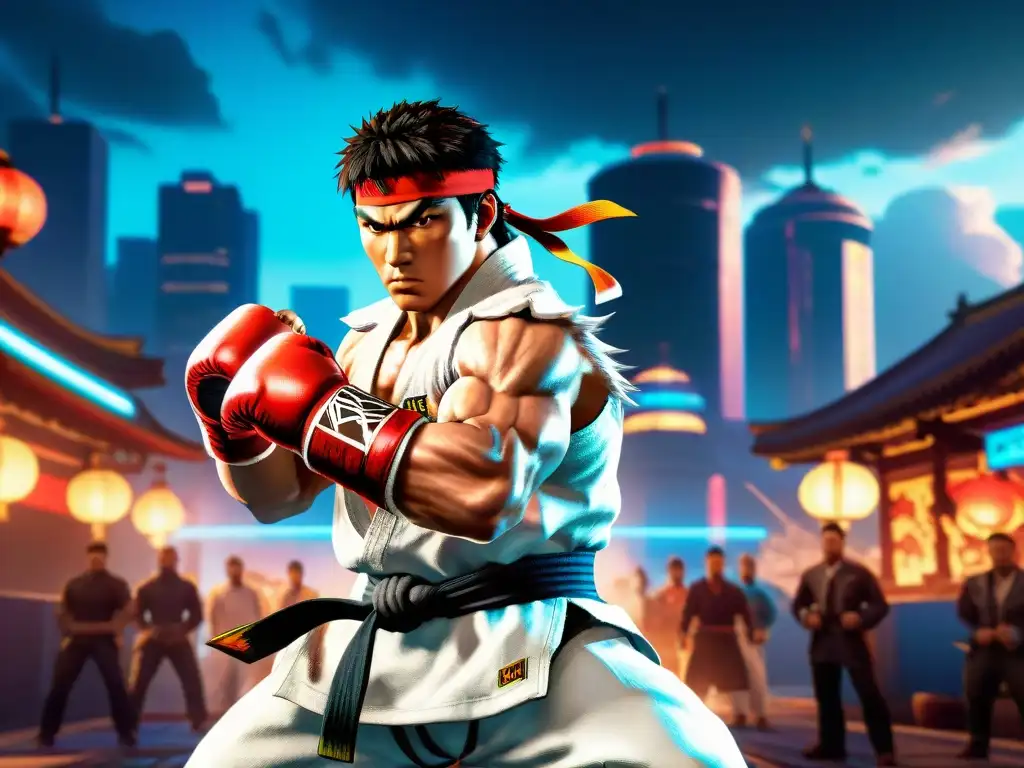Ryu ejecuta Shoryuken en la ciudad al atardecer Ryu ejecuta un perfecto 'Shoryuken', con el gi ondeando, en una intensa batalla urbana