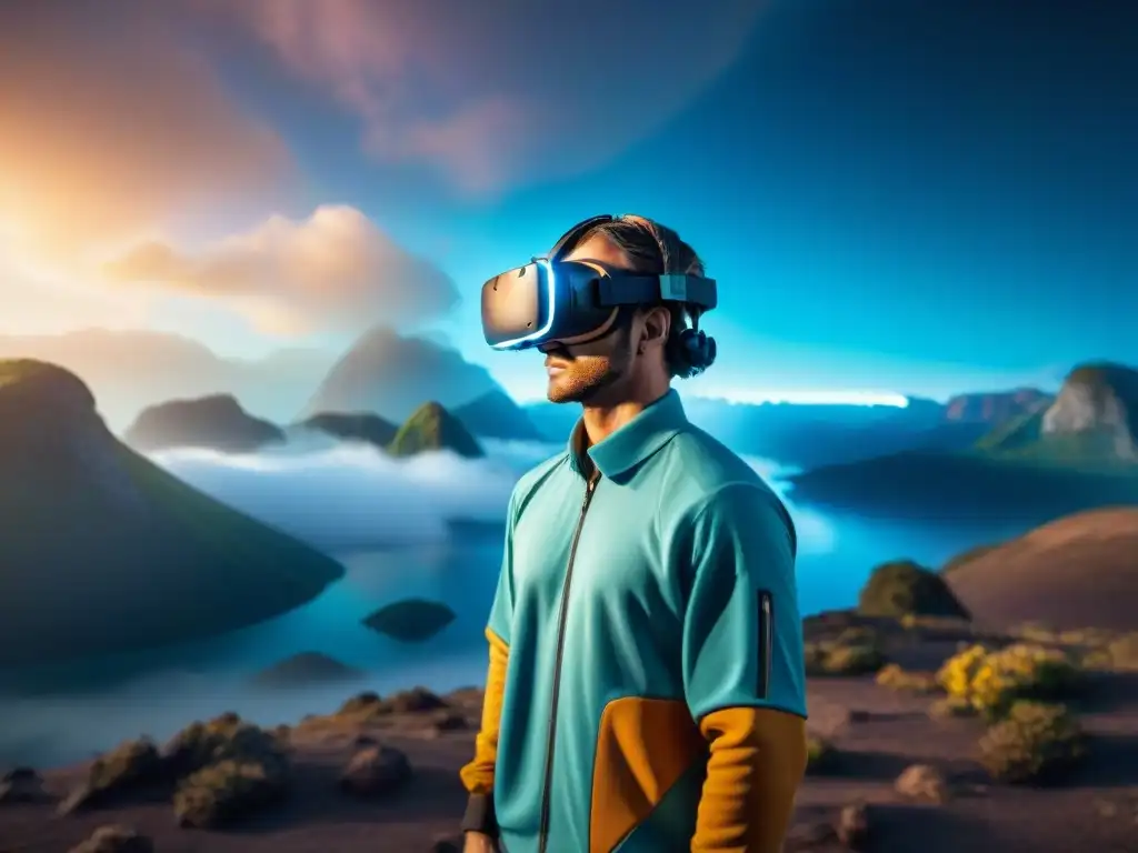 Persona asombrada y confundida en mundo virtual futurista, iluminación dramática realza efectos realidad virtual mente