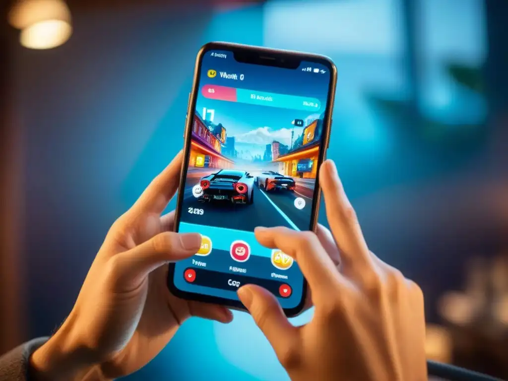 Persona concentrada jugando a juegos móviles freemium en smartphone, inmersa en coloridos gráficos y detalles del mundo virtual