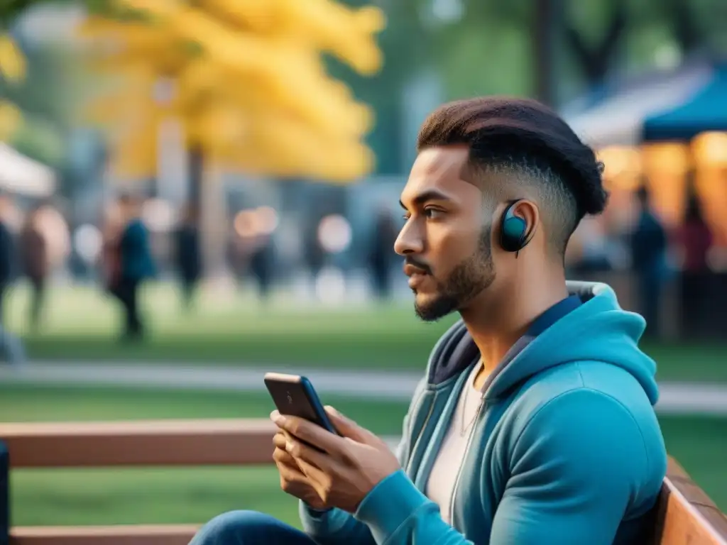 Persona concentrada en juego móvil en parque, rodeada de gente socializando