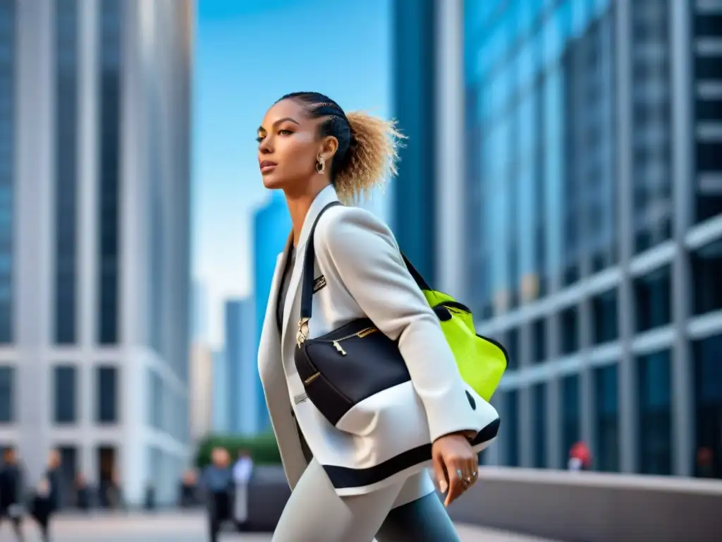 Una persona elegante combinando con facilidad ropa deportiva y de diario en la ciudad, destacando la fusión de comodidad y moda