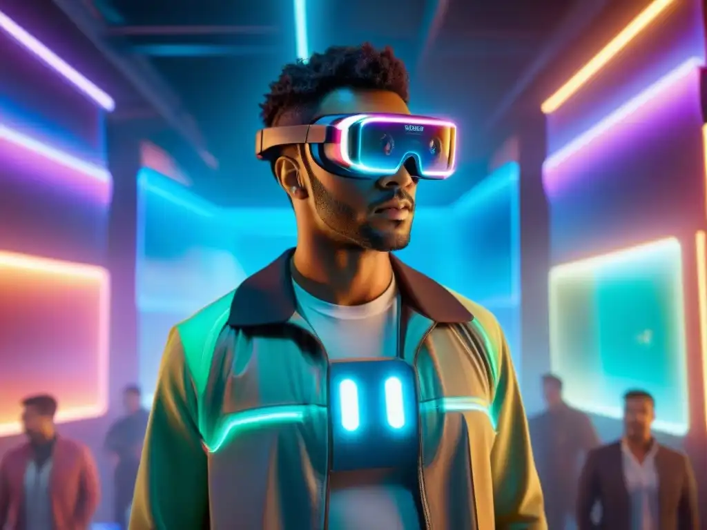 Persona con gafas de realidad aumentada en entorno futurista de gaming