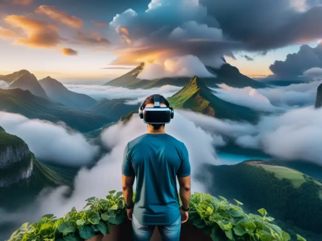 Persona inmersa en un entorno virtual tratando fobias en un paisaje digital de montañas y nubes