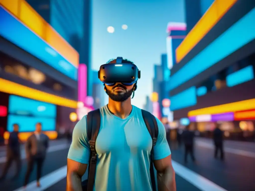 Persona inmersa en historias envolventes realidad virtual, rodeada de tecnología futurista y colores vibrantes en la ciudad