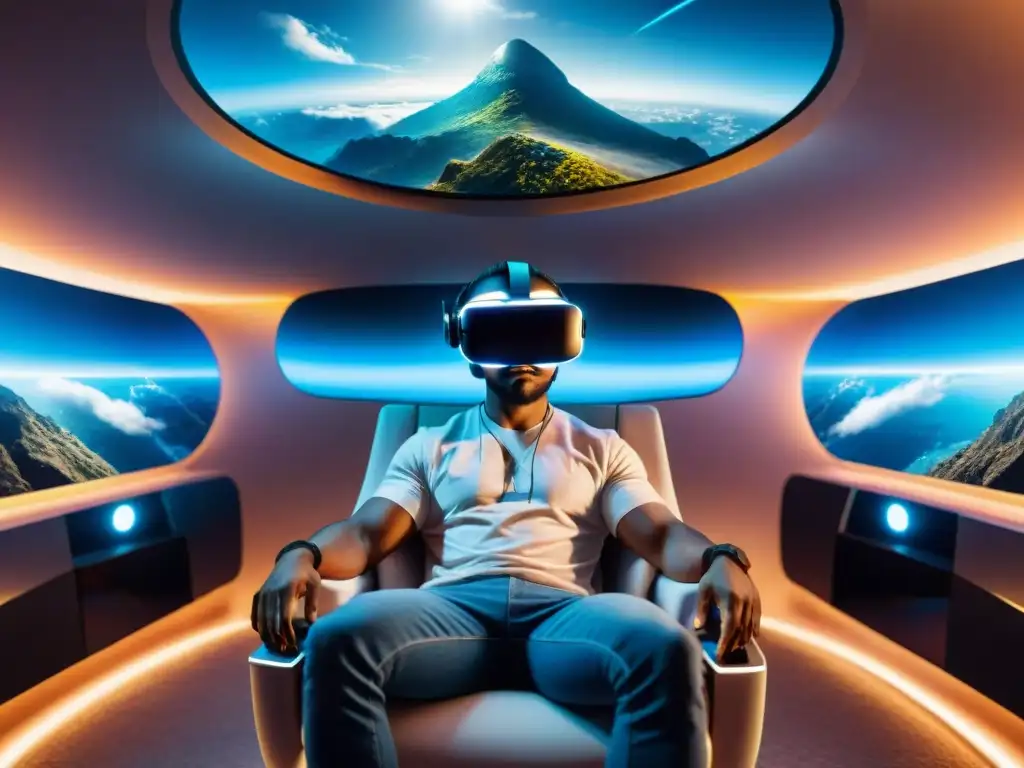 Persona inmersa en mundo digital con auriculares de realidad virtual, expresando asombro