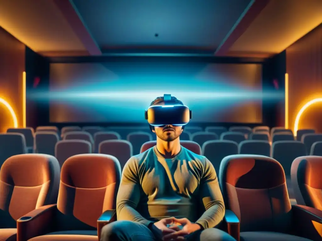 Persona inmersa en la realidad virtual en el cine, con ojos abiertos y entorno envolvente