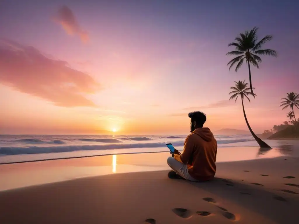 Persona jugando juegos de móviles para relajarse en la playa al atardecer, con olas suaves y cielo anaranjado