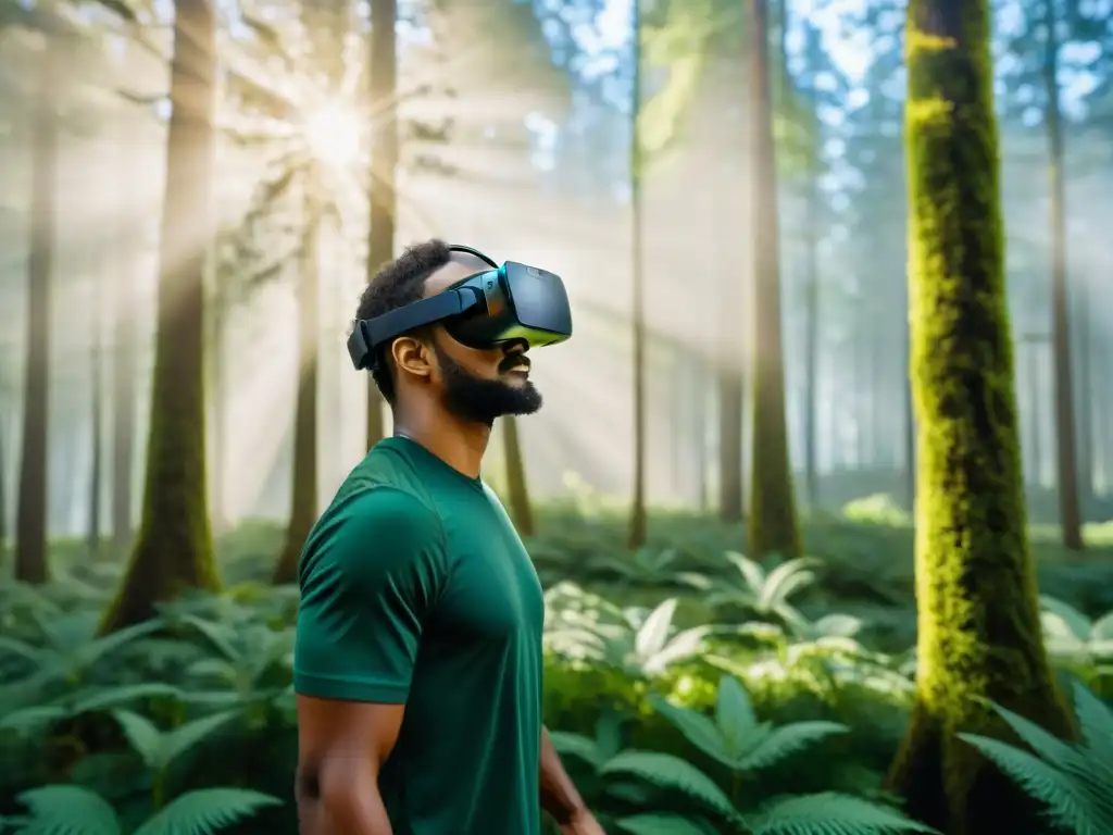 Una persona maravillada en un bosque virtual, con efectos realidad virtual mente, tocando árboles digitales