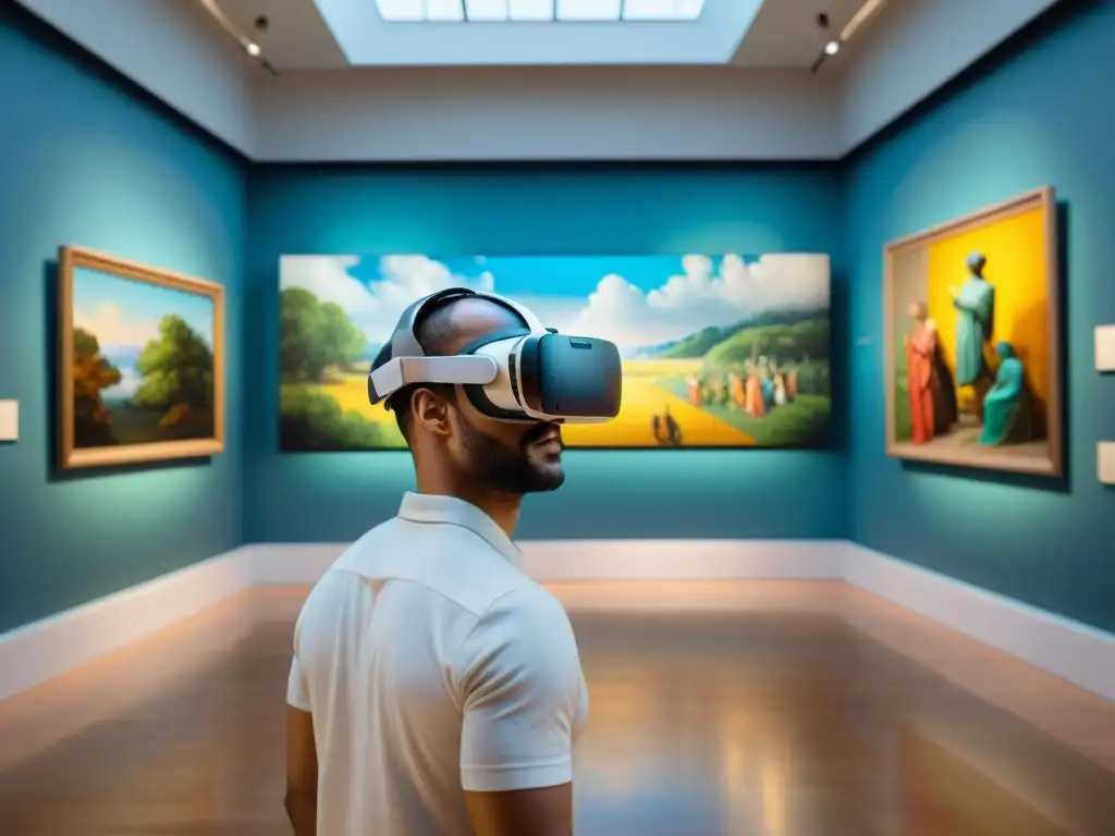 Persona maravillada en museo virtual, con auriculares de realidad virtual en un entorno digital de arte