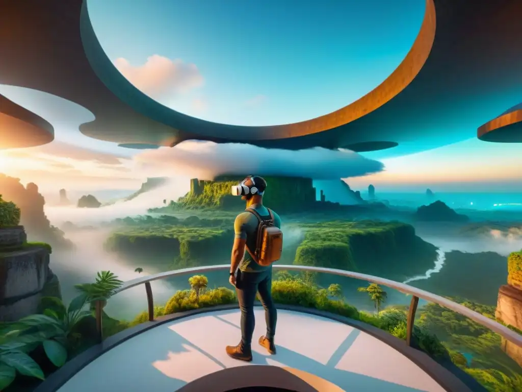 Explorando civilizaciones antiguas en realidad virtual Persona explorando un mundo virtual antiguo con asombrosos gráficos