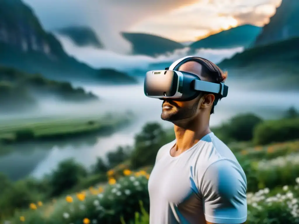 Persona en paisaje sereno con auriculares de realidad virtual, reflejando efectos realidad virtual mente