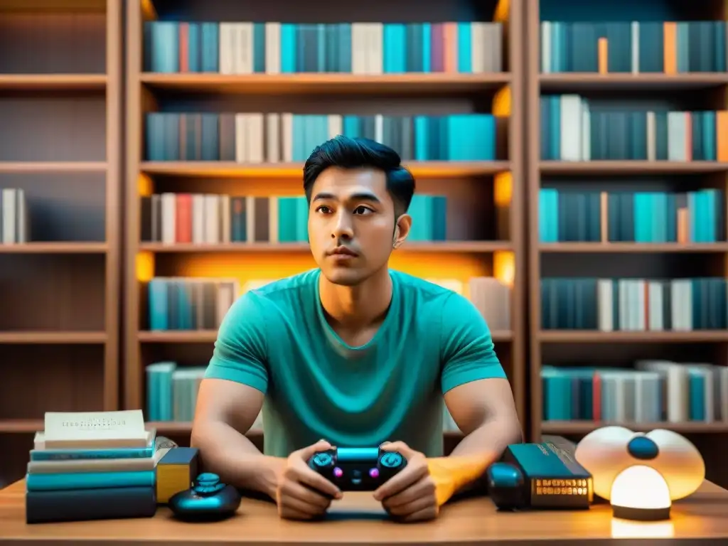 Persona reflexiva entre libros clásicos y videojuegos, fusionando literatura y tecnología