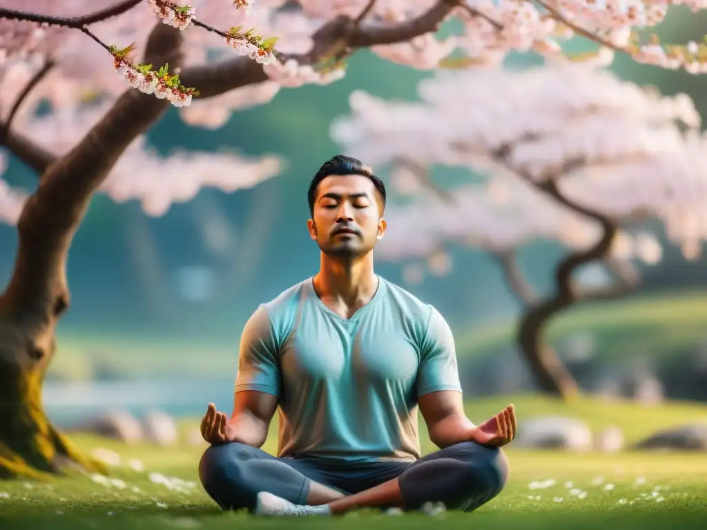 Personaje meditando bajo un cerezo en videojuego, rodeado de esferas brillantes