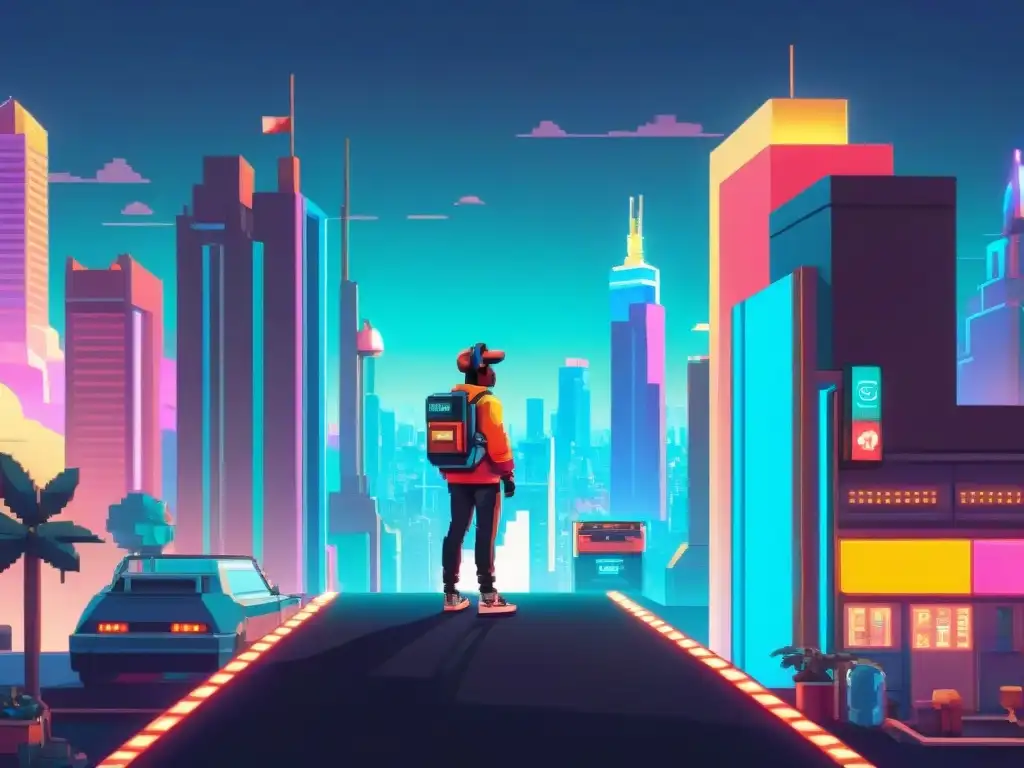 Un personaje de juego indie rodeado de iconos retro y luces neón en la noche de la ciudad