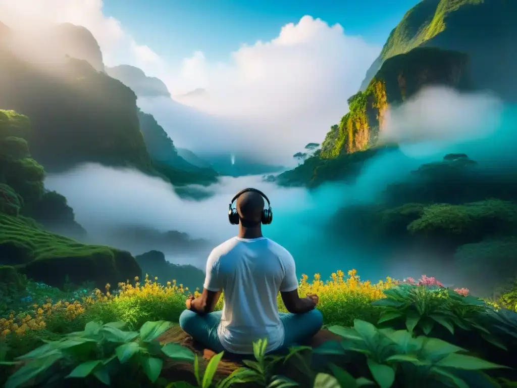 Personaje meditando en paisaje de videojuego, reflejando calma