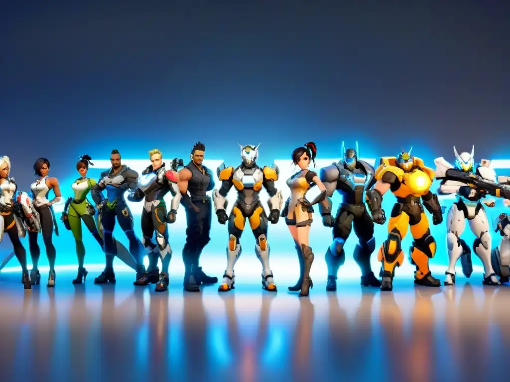 Evolución de los personajes de Overwatch a lo largo de su historia, mostrando cambios en skins, armas y habilidades en un escenario futurista