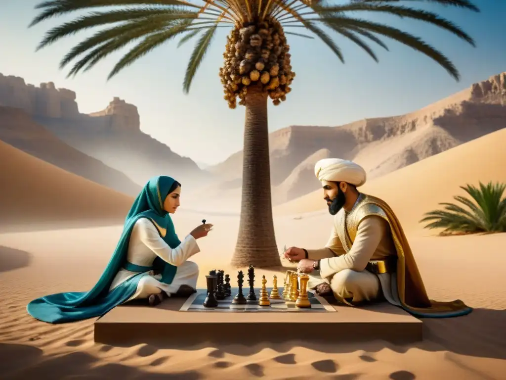 Dos personas juegan ajedrez bajo una palmera en un oasis, rodeados de espectadores de diversas culturas