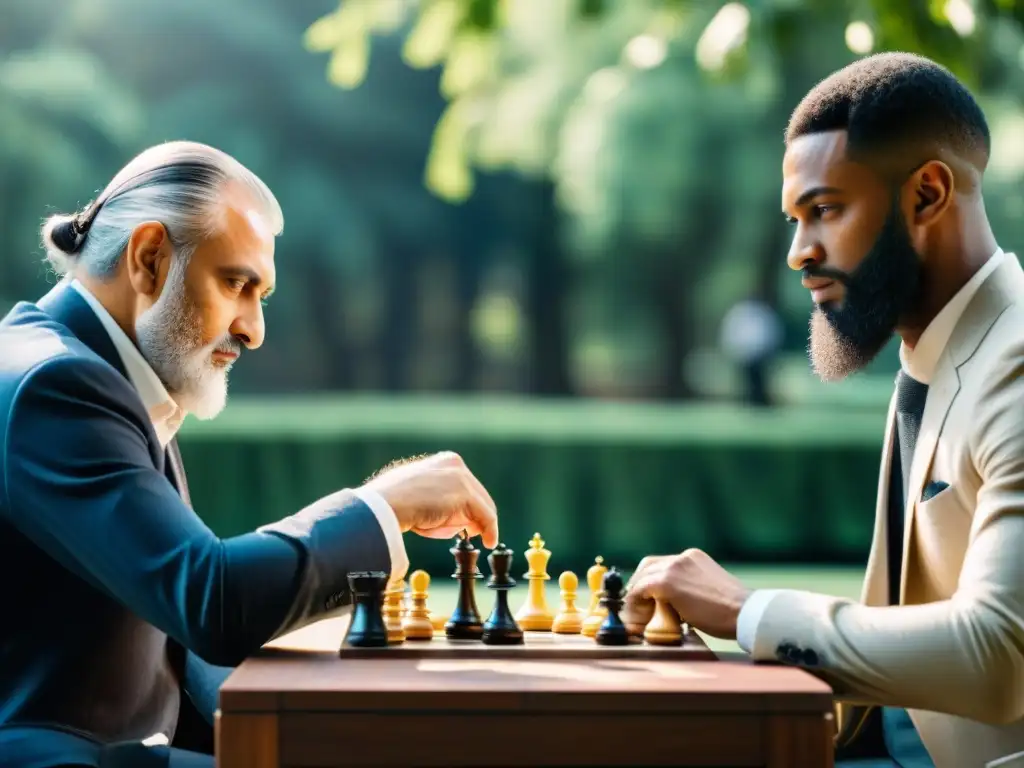 Diversas personas juegan ajedrez en el parque, mostrando los beneficios de los juegos de estrategia para el desarrollo de habilidades de liderazgo