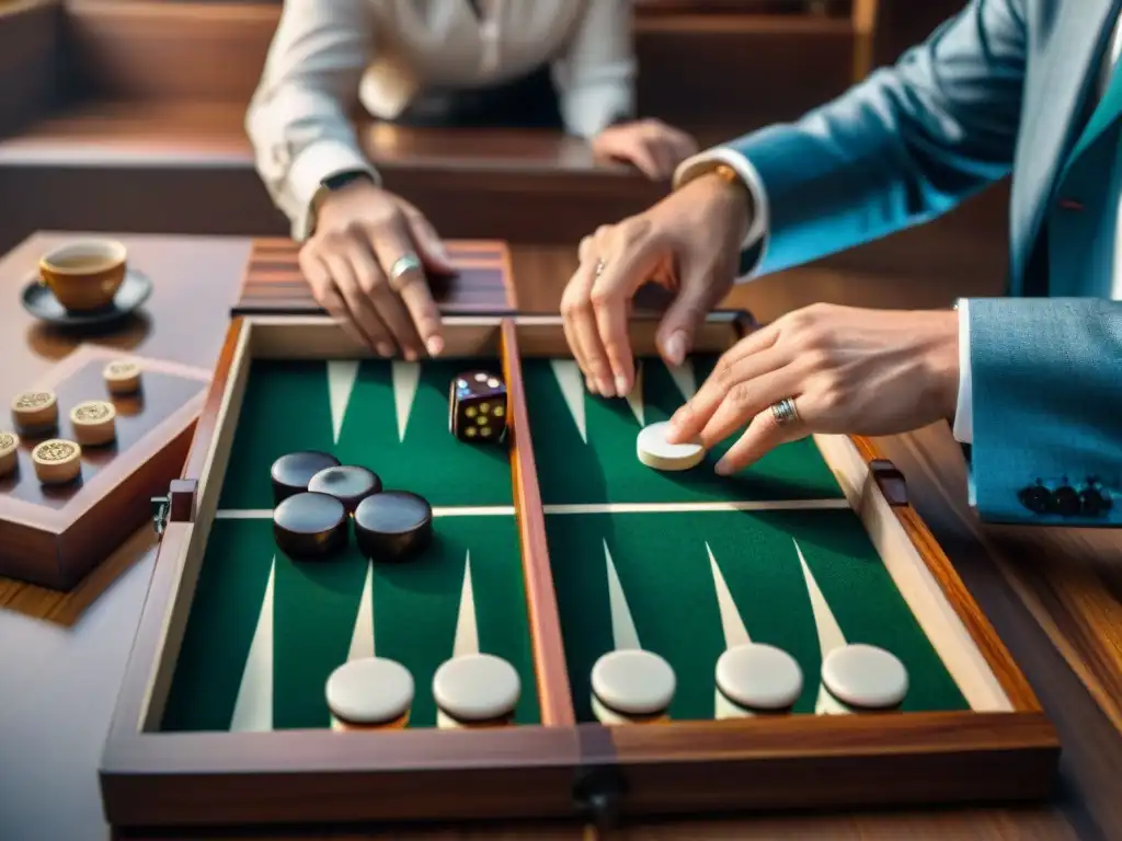 Dos personas concentradas en un tablero de backgammon, rodeadas de piezas tradicionales y una taza de té en una mesa de madera