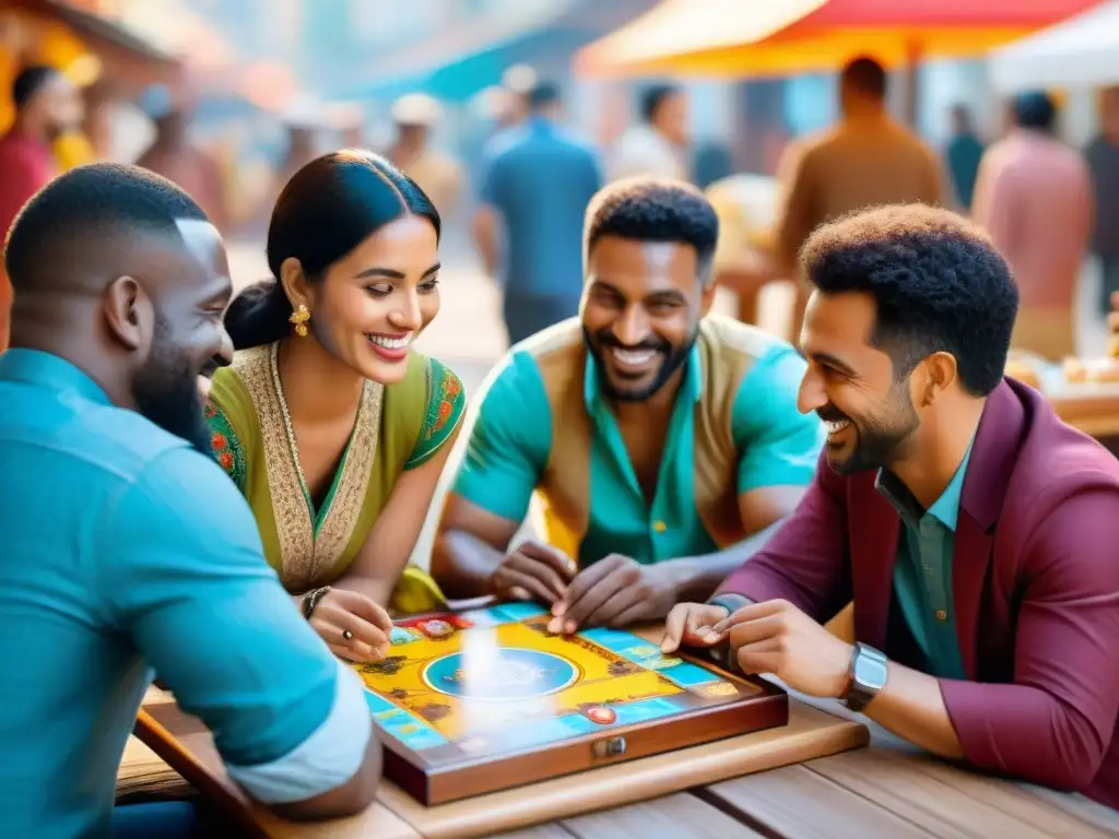 Personas de distintas culturas disfrutan de juegos de mesa en un mercado, uniendo sus tradiciones