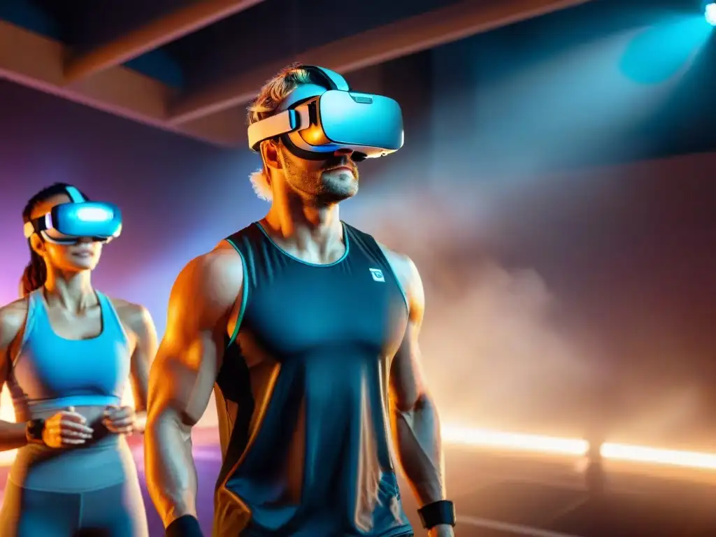 Personas de distintas culturas disfrutan juegos de fitness en realidad virtual en un gimnasio futurista