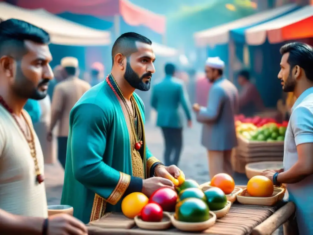 Personas de diversas culturas juegan juegos tradicionales en un mercado vibrante, rodeados de coloridos puestos