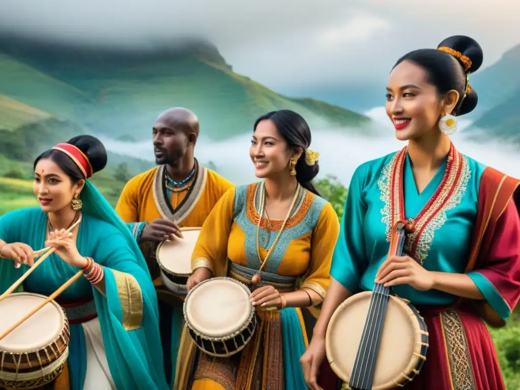 Personas de diversas culturas disfrutando de pasatiempos tradicionales como tocar instrumentos, bailar y crear artesanías