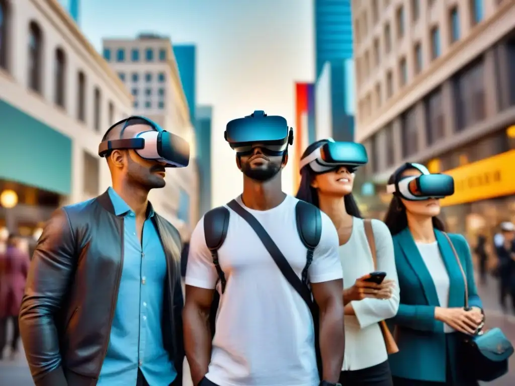 Personas diversas interactúan en una calle virtual, usando visores de realidad virtual