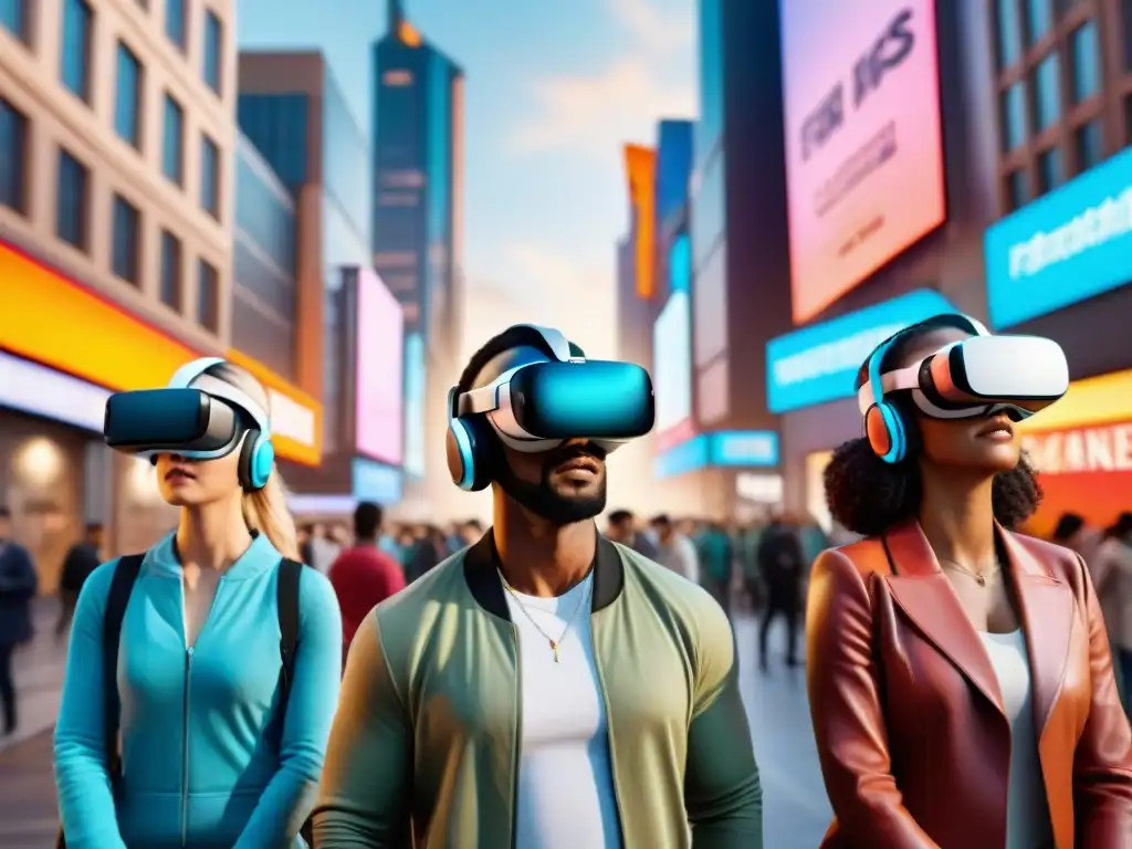 Personas diversas usan cascos de realidad virtual en una simulación de ciudad realista