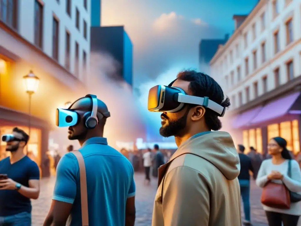 Personas diversas interactúan en un entorno virtual de una plaza, mostrando la interacción social en realidad virtual