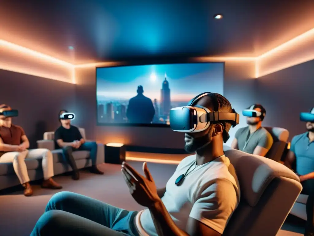 Personas diversas disfrutan de una experiencia de cine en realidad virtual, mostrando asombro y emoción