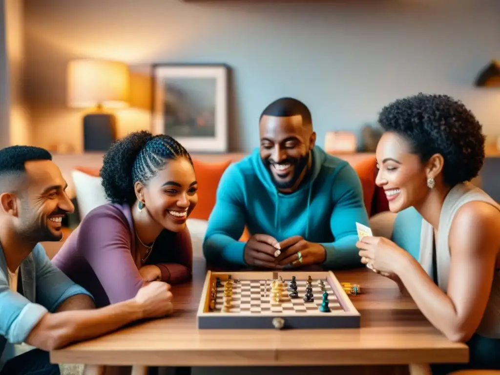 Personas diversas disfrutan de juegos de mesa en una sala acogedora, mostrando los beneficios de los juegos de mesa en la salud