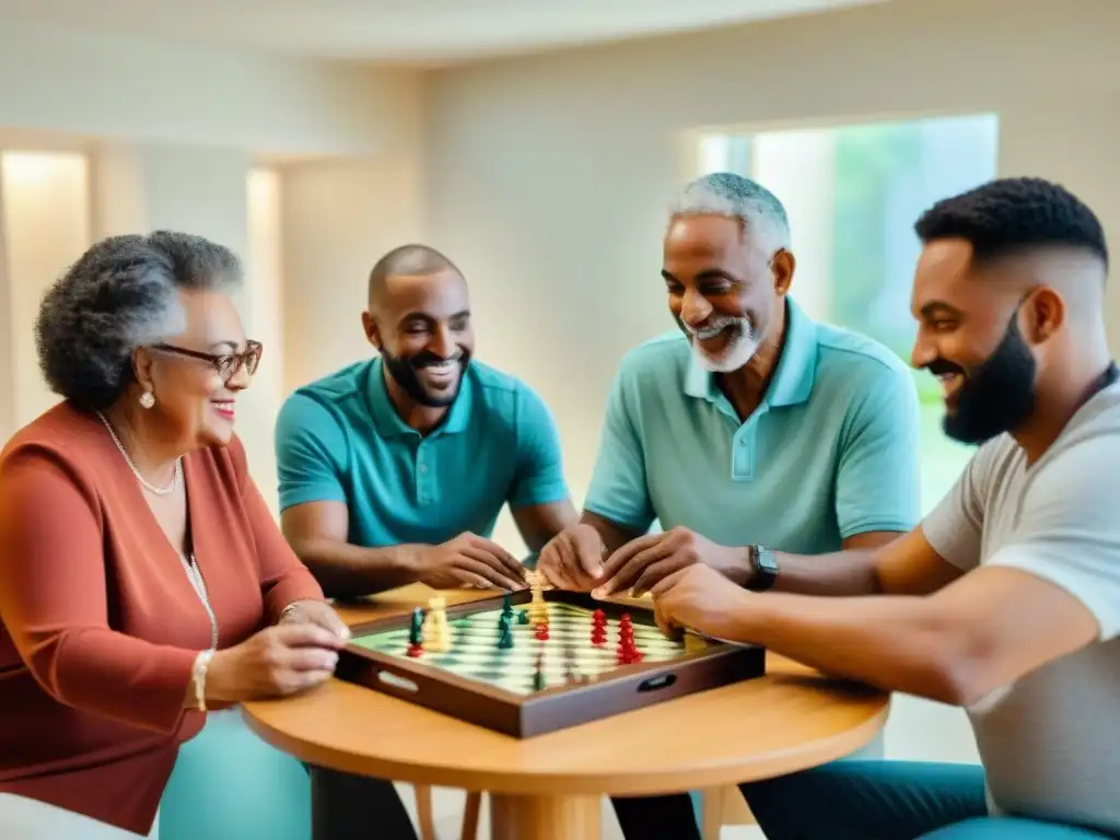 Personas diversas disfrutan juntas de juegos de mesa en un centro de rehabilitación, destacando los beneficios para la salud mental y física