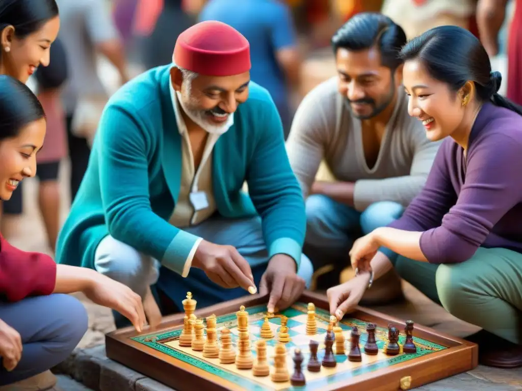 Personas de diversas edades y culturas juegan un juego tradicional en un mercado vibrante