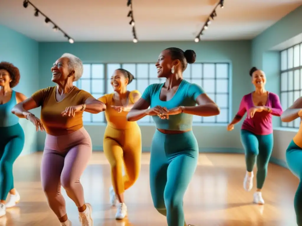 Varias personas de diferentes edades bailan alegremente en un estudio soleado, reflejando la danza como juego autoestima