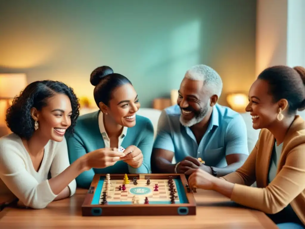 Personas de distintas edades y orígenes juegan felices un juego de mesa en una sala acogedora