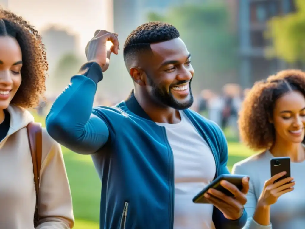 Personas de todas las edades y orígenes disfrutan de juegos móviles en un parque urbano